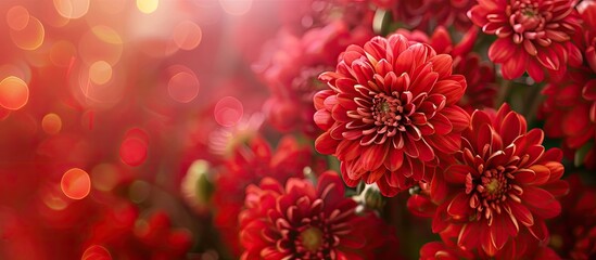 Poster - Red Chrysanthemums bouquet in flower shop as backdrop. Copy space image. Place for adding text and design