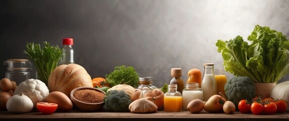 Wall Mural - Fresh Produce and Beverages Arranged on a Wooden Table