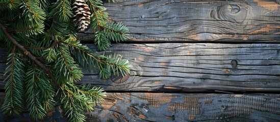 Canvas Print - Christmas decoration featuring a fir branch on a weathered wooden background. Copy space image. Place for adding text and design