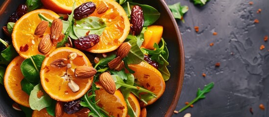 Canvas Print - Orange salad beautifully enhanced with dates and almonds for added texture and color. Copy space image. Place for adding text and design