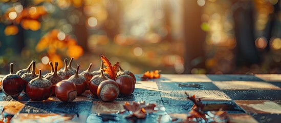 Wall Mural - close up of chestnuts on a chessboard autumn atmosphere blurred background lovely autumn image space