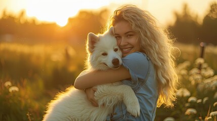 A woman hugging her white dog. This image captures the unconditional love and happiness shared between humans and animals.