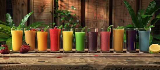 Poster - Collection of vibrant smoothies rustic wooden backdrop copy space