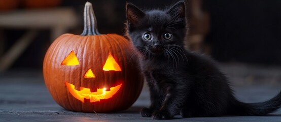 Wall Mural - The Haunting Halloween Pumpkin Lantern and Mysterious Black Kitten on an Ominous Dark Background