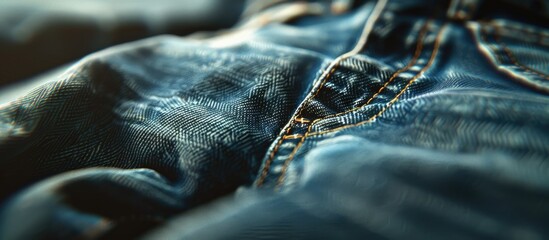 Close up view of a detail from a pair of blue jeans set against a blurred background of a lighter pair of jeans. Copy space image. Place for adding text and design