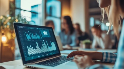 Leinwandbilder - A woman working in an office setting, focused on analyzing various data charts and graphs displayed on her laptop, representing business analysis and productivity.