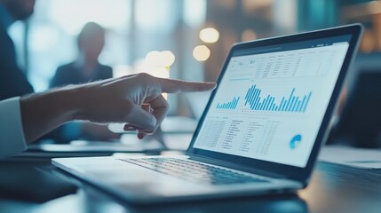 Poster - Close-up view of a finger pointing at detailed financial statistics and graphs on a laptop screen, highlighting analysis and decision making in a corporate environment.