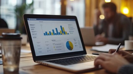 Leinwandbilder - This image features a laptop displaying various data charts on a wooden office table, with a coffee cup nearby, suggesting a working environment focused on data analysis.