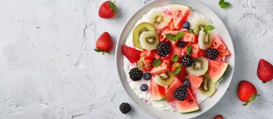 Canvas Print - Healthy clean eating dieting and nutrition with a seasonal summer breakfast theme A fruit salad served with yogurt in a carved watermelon bowl on a kitchen table Top view flat lay copy space backgrou