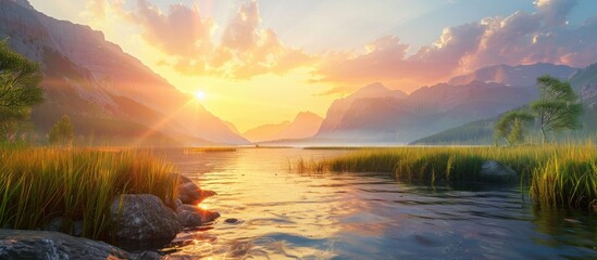 Canvas Print - Mountain river at sunset Golden hour Copyspace for text background