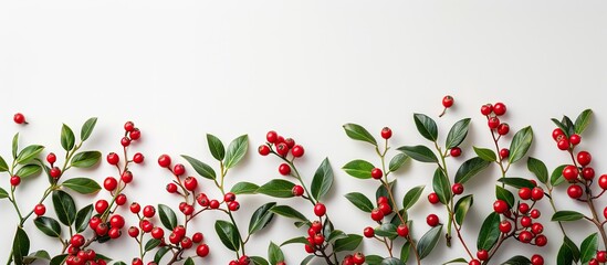 Sticker - Arrangement of red holly berries and green branches on a white background Winter natural decor Botanical festive flat lay top view. Copy space image. Place for adding text and design