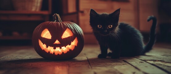 Wall Mural - In an atmospheric dark setting, a haunting Halloween pumpkin and a spooky goat appear.