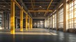 Spacious industrial warehouse interior with large windows, yellow columns, and natural light streaming in, showcasing a modern open layout.