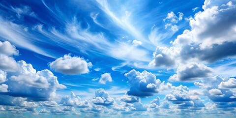 Calm and peaceful blue cloudy sky background with soft fluffy clouds, creating a serene and tranquil atmosphere