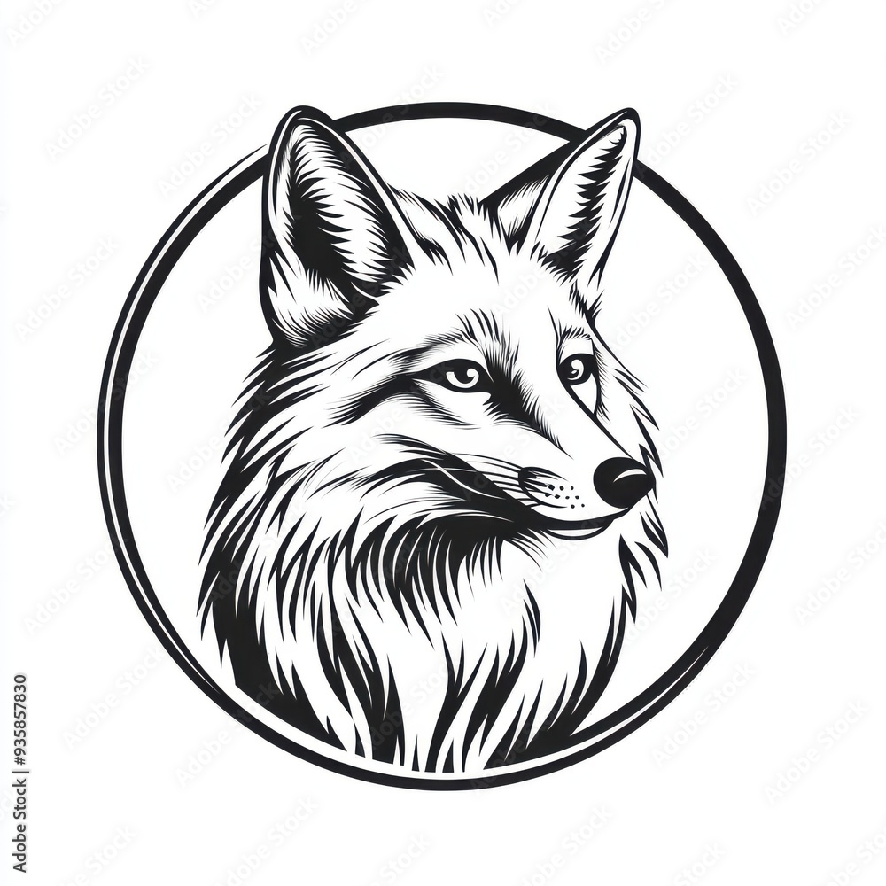 Black and white flat vector art illustration of a fox in a circular ...