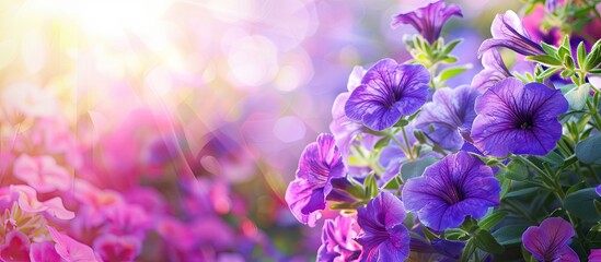 Wall Mural - Petunia flowers in the flower bed Enhancing the urban landscape Background with selective focus. Copy space image. Place for adding text and design