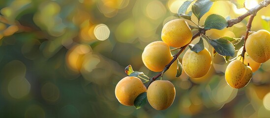 Canvas Print - Ripening yellow plums on a branch captured in close up with selective focus and copy space