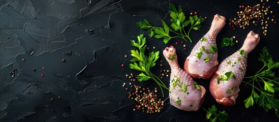 Wall Mural - Raw chicken legs on a black background accompanied by fresh parsley and pepper along with spices Top view Copy space