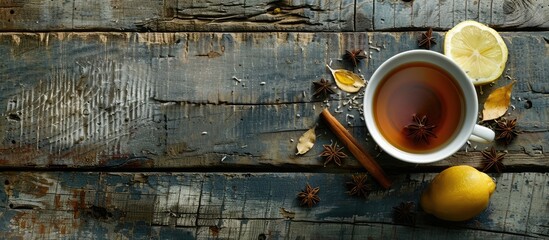 Canvas Print - A cup of ginger tea with lemon honey and spices on a rustic wooden surface with copy space Top view