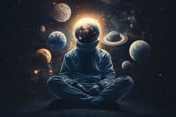 Wall Mural - an astronaut sits with planets surrounding them, their head blending into the cosmos, representing e