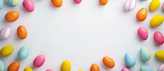 Canvas Print - Colorful Easter eggs border a white background from a top view perspective creating copy space