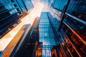 A stunning view of city skyscrapers with mirrored surfaces glowing with vibrant reflections at sunset.