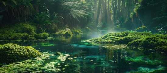 Wall Mural - Even with the mossy water this picturesque photograph is visually striking with an abundance of green hues. Copy space image. Place for adding text and design