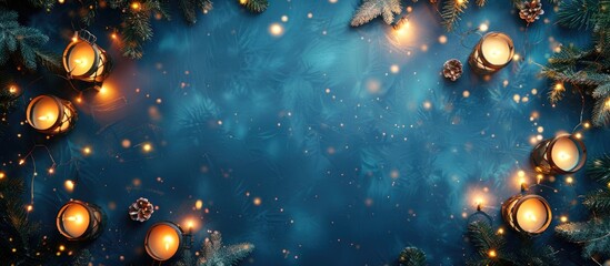 Poster - Christmas blue backdrop Border of lanterns candles and Christmas tree branches. Copy space image. Place for adding text and design