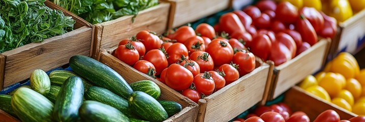 Poster - Assorted fresh vegetables including tomatoes, cucumbers, and greens are neatly displayed in wooden crates at a bustling market.