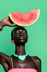 Wall Mural - A vibrant orange watermelon slice held by a hand with black skin adorned with colorful bracelets. Fresh summer fashion and food concept.
