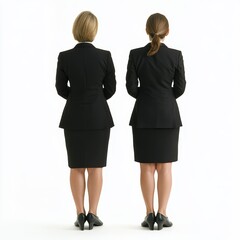 In a corporate office setting, two business women are discussing with a white background