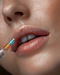 Syringe injection with botox being injected in a beautiful woman's lips. Beauty and cosmetics concept. Generative Ai