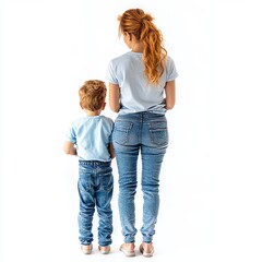 A mother and child discuss something against a white background