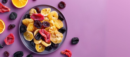 Wall Mural - Plate featuring various dried fruits against a violet background top view Copyspace available for text