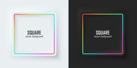 Leinwandbilder - Set of realistic 3d squares. Rainbow illuminate neon lighting, Square frames on a white and black background in neumorphism style. Elements for design. Top view of the podium. EPS10 vector.