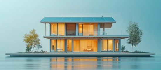 Poster - Modern House with Solar Panels by the Water