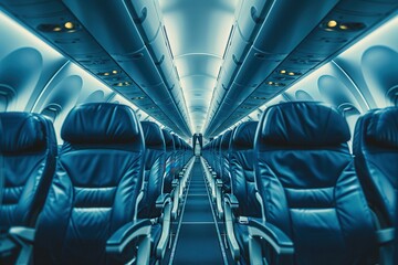 Inside Airplane Cabin: Empty Seats and Aisle for Economy Passenger on Flight