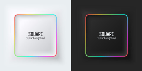 Leinwandbilder - Set of realistic 3d squares. Rainbow illuminate neon lighting, Square frames on a white and black background in neumorphism style. Elements for design. Top view of the podium. EPS10 vector.