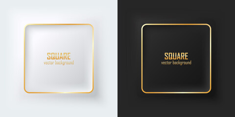 Leinwandbilder - Set of realistic 3d squares. Gold illuminate neon lighting, Square frames on a white and black background in neumorphism style. Elements for design. Top view of the podium. EPS10 vector.