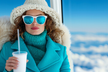 Wall Mural - A woman wearing a knit sweater and sunglasses, sipping a cold drink in a snowy environment. A cozy winter fashion statement with modern vibes.