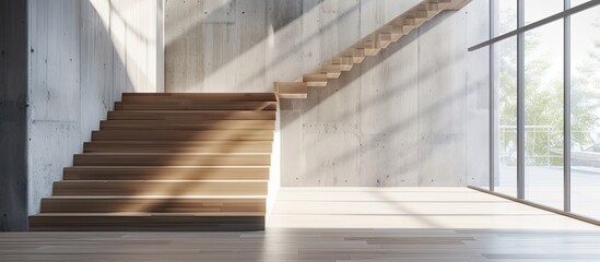 Sticker - Wooden staircase in a modern open area. Copy space image. Place for adding text and design