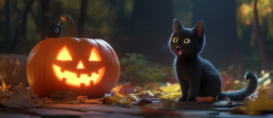 Wall Mural - On a dark autumn night, a pumpkin lantern and a supernatural black kitten are seen