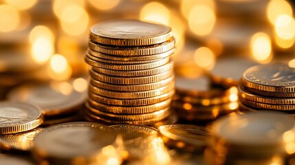 Close-up of stacks of coins, gold and silver currency.