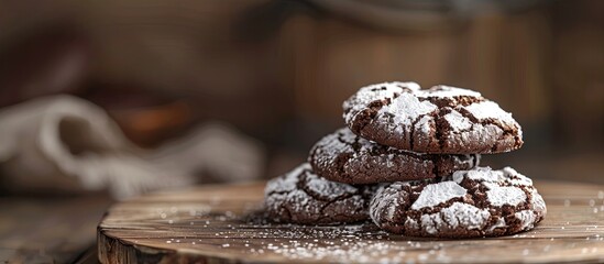 Wall Mural - Chocolate crinkle cookies topped with powdered sugar icing Homemade cracked chocolate brownie cookies on a rustic brown wooden table Selective focus copyspace