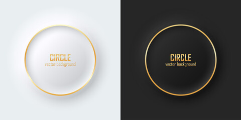 Aufkleber - Set of realistic 3d circle. Gold illuminate neon lighting, Circles frames on a white and black background in neumorphism style. Elements for design. Top view of podium. EPS10 vector.