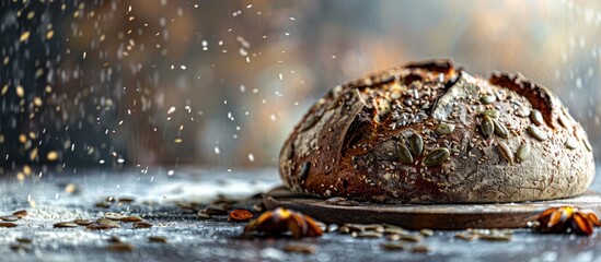 Wall Mural - Close up of a homemade sourdough rye bread loaf topped with sunflower pumpkin and flax seeds Nutritious food and diet. Copy space image. Place for adding text and design