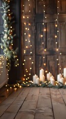 Poster - warm golden fairy lights hanging on a rustic wooden wall creating a cozy atmosphere. ideal for festi