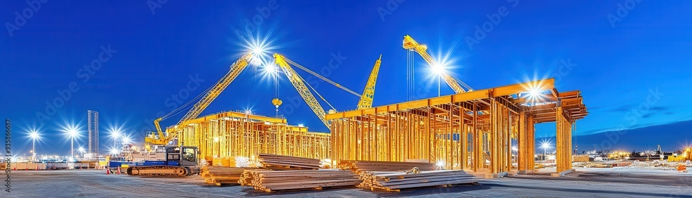 Nighttime construction site with wooden beams and steel cranes under ...