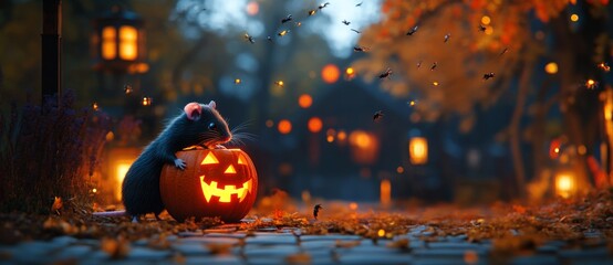 Wall Mural - Hyper-detailed Halloween Pumpkin with Eerie Zombie Rat in Dark Atmosphere