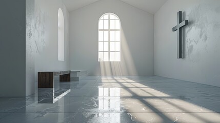 This image showcases a modern minimalist church interior with natural light flooding in through large windows, casting serene shadows on the clean, shiny floor.